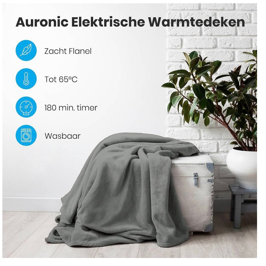 Auronic Electric Heat Blanket - Überdecke - 2 Personen - 3 Wärmestufen - Mit Timer - 200 x 180 cm - Grau