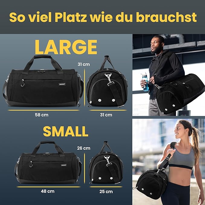 Herowerk Sporttasche mit Schuhfach und Nassfach, Trainingstasche für Damen und Herren, ideal als Reisetasche, Fitnesstasche, Trainingstasche oder Sporttasche, schwarz, Sporttasche mit Schultergurt