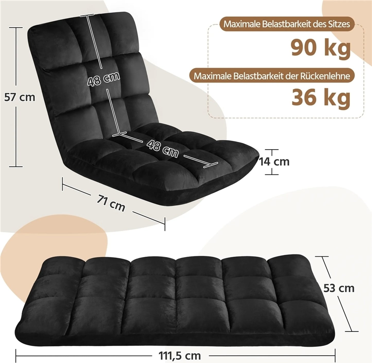Yaheetech Boden Stuhl enthält 14 verstellbare Ständer - Features High Density Foam und robuste Metallrahmen und weichen Plüsch Stoff - für Wohnzimmer und Spielzimmer - Schwarz Polyester - 111,5 x 53 x 14 cm