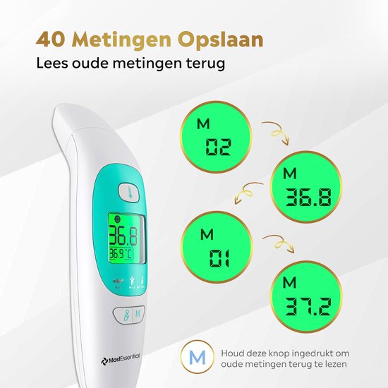 MostEssential Premium Fieberthermometer - Ohrthermometer - Infrarotthermometer - Stirnthermometer - Körperthermometer - Fieberthermometer für Erwachsene, Kinder und Babys - berührungslos - 20M