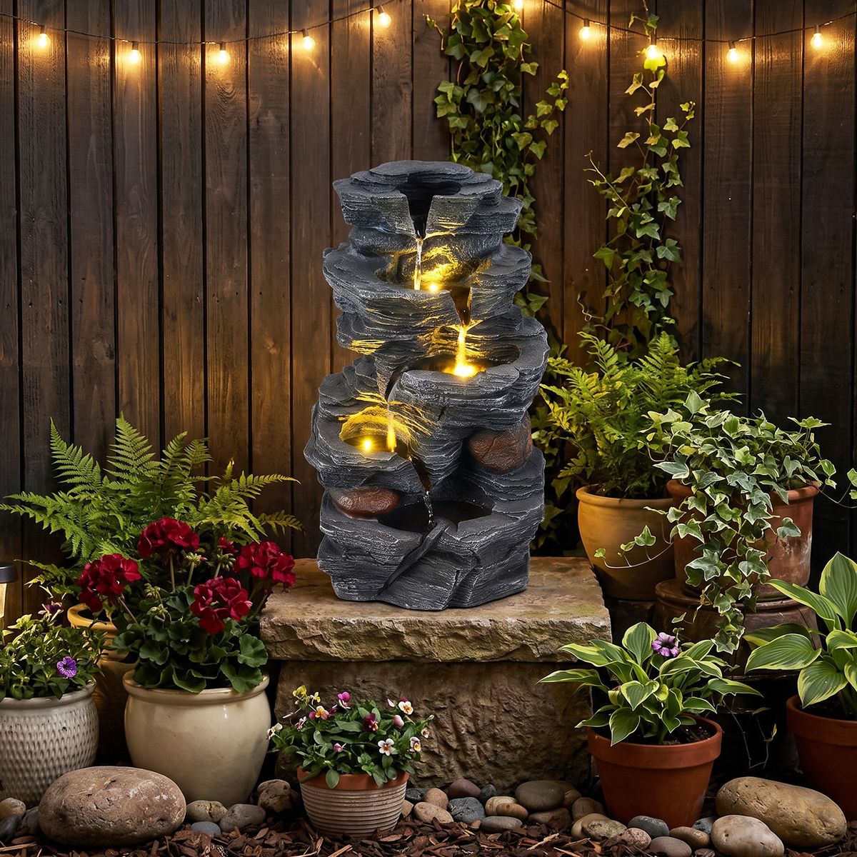 Coast Tischbrunnen – 5-stufiger Wasserfall – LED-Beleuchtung – schwarz – 27 x 20,5 x 45,5 cm