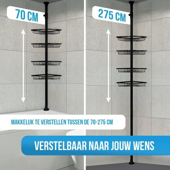 Strex - Eck-Duschablage - Verstellbar 70-275 cm - 4 Körbe - Ohne Bohren oder Schrauben - Schwarz