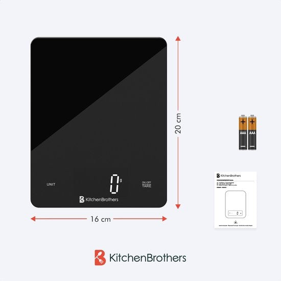 KitchenBrothers Küchenwaage - Küchenwaage - Digital - 1g bis 10kg - Batterien enthalten - Glas/Schwarz