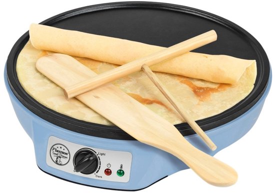 Bestron Pfannkuchenmaschine – ASW602B – 1000 W – Crêpes-Maschine – 30 cm – Blau – Inkl. Holzstapel und Teigverteiler – 5 Jahre Garantie