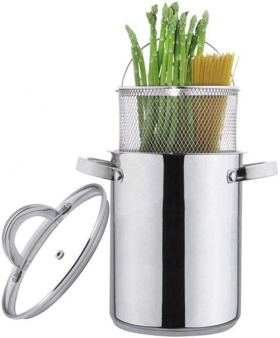 Spargelpfanne aus Edelstahl mit Einsatzkorb – 4,2 l – Geeignet für Induktion und alle Herdarten – Auch als Fritteuse verwendbar!
