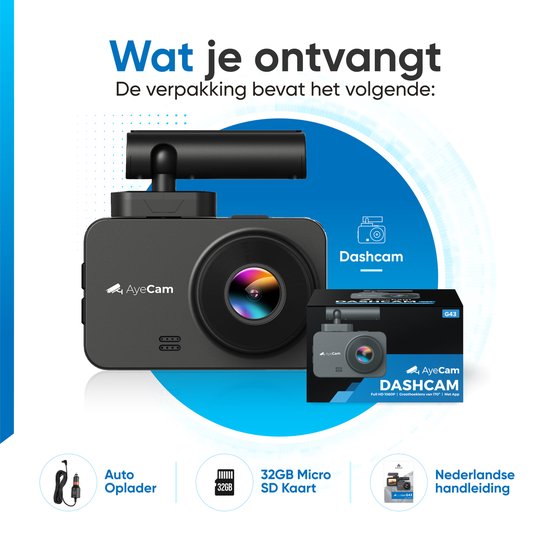 AyeCam Dashcam Pro Max - FULL HD & Nachtsicht - G-Sensor - Inkl 32GB SD - Dashcam fürs Auto - Mit App