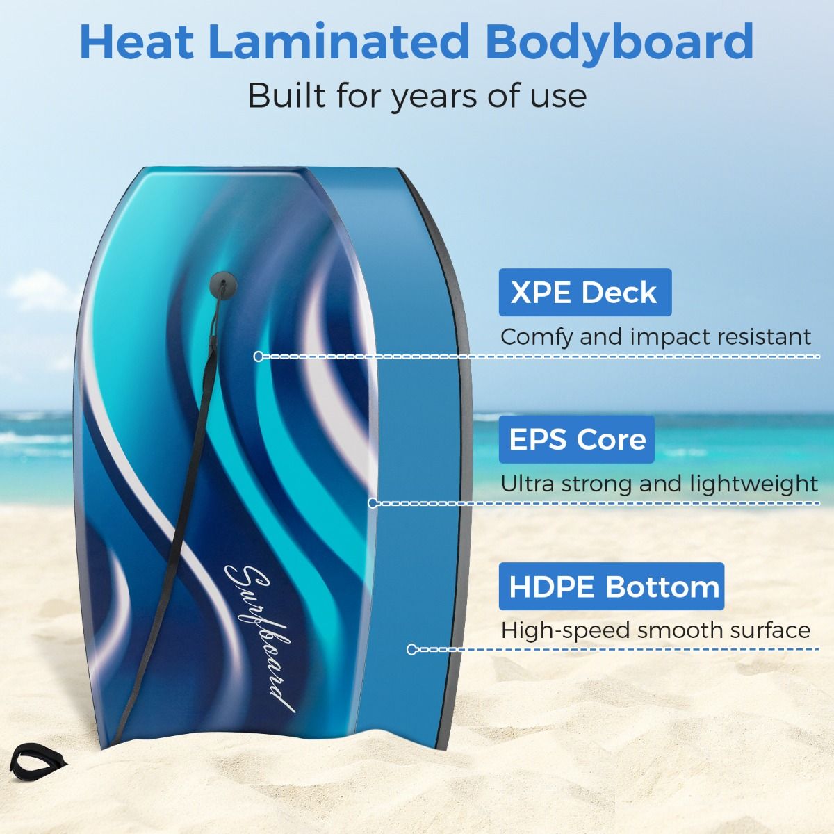 Coast Lightweight Bodyboard 104x52 cm - Blau - Boogieboard mit EPS Kern & HDPE Boden für Jugendliche und Erwachsene