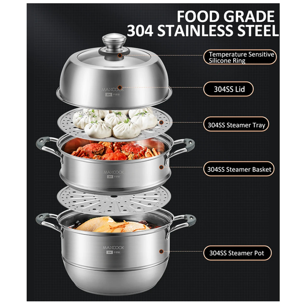 Maxcook 3-lagiger Dampfkochtopf 28 cm – Edelstahl 304 – für Induktion und Gas