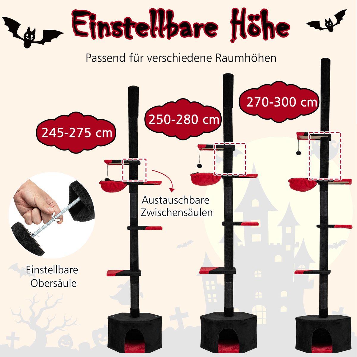 Coast Kratzbaum vom Boden bis zur Decke – 5 Etagen – höhenverstellbar – schwarz und rot