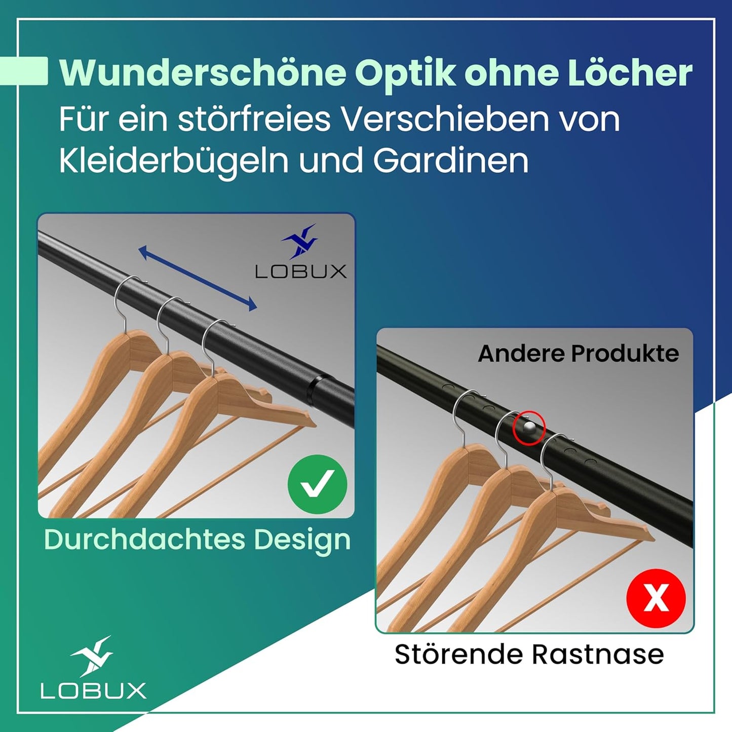 LOBUX® - Gardinenstange ohne Bohren [schwarz, 110-250cm] - Teleskopstange Gardinenverlängerung - Duschstange ohne Bohren - Gardinenstange, Duschvorhangstange, Kleiderstange, Klemmstange Katzennetz