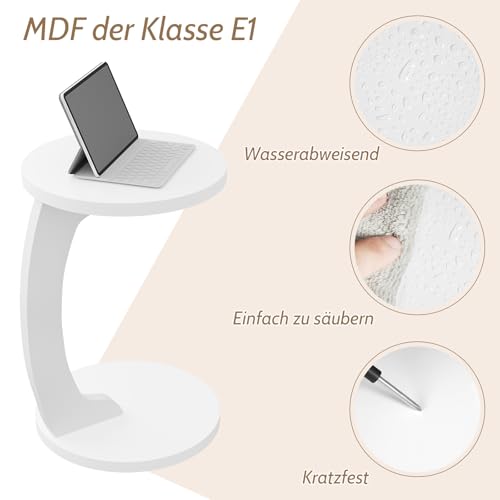 Woltu Beistelltisch C-Form - Runder Couchtisch - Skandinavisches Design - MDF Weiß - 38 x 55 cm