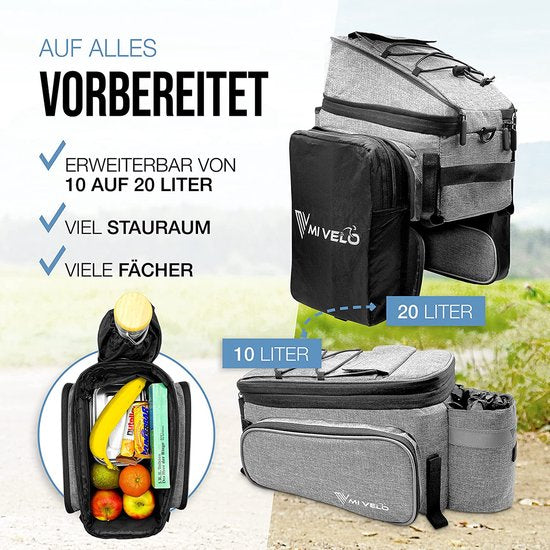 MIVELO Gepäckträgertasche für Fahrrad - bis zu 20 L - Wasserdicht - Grau