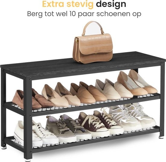 Goliving Schuhablage - Schuhbank - Flurbank - Industrial - 30 x 80 x 45 cm - Metall - Schwarzes Holz