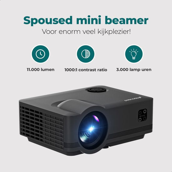 Spoused Beamer - Full-HD - 11.000 Lumen - Streaming von Ihrem Telefon mit WiFi - Mini-Beamer - Schwarz