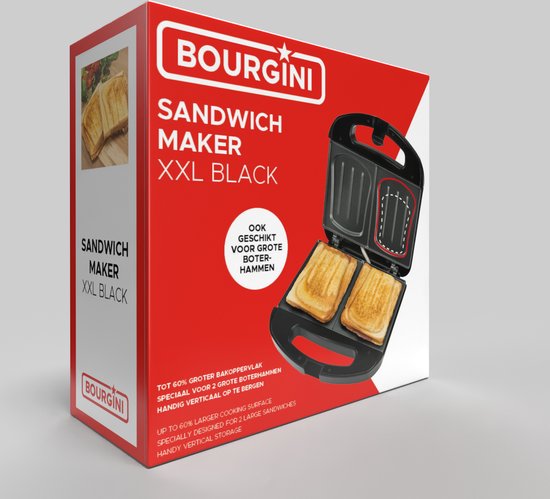 Bourgini Sandwichmaker XXL Schwarz – 800 W – Sandwichtoaster – Kontaktgrill