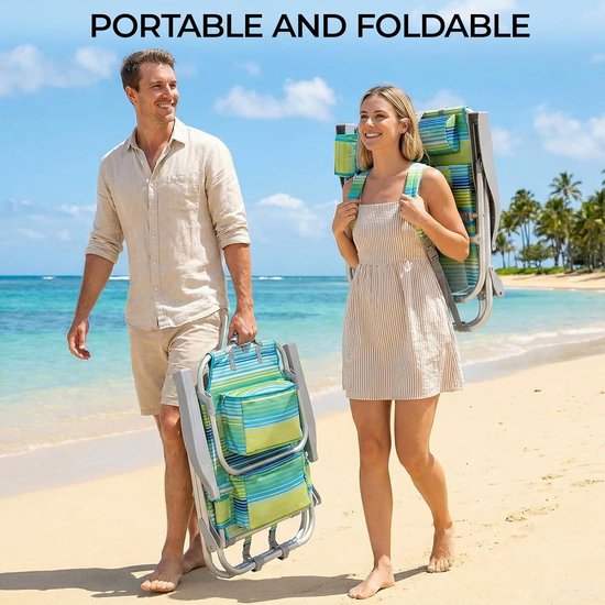 Luxuriöses Strandstuhl-Set (2er-Set) – Verstellbar (5 Positionen) – Zusammenklappbar mit Rucksackgurten, Kühltasche und Handtuchhalter – Grün/Blau gestreift