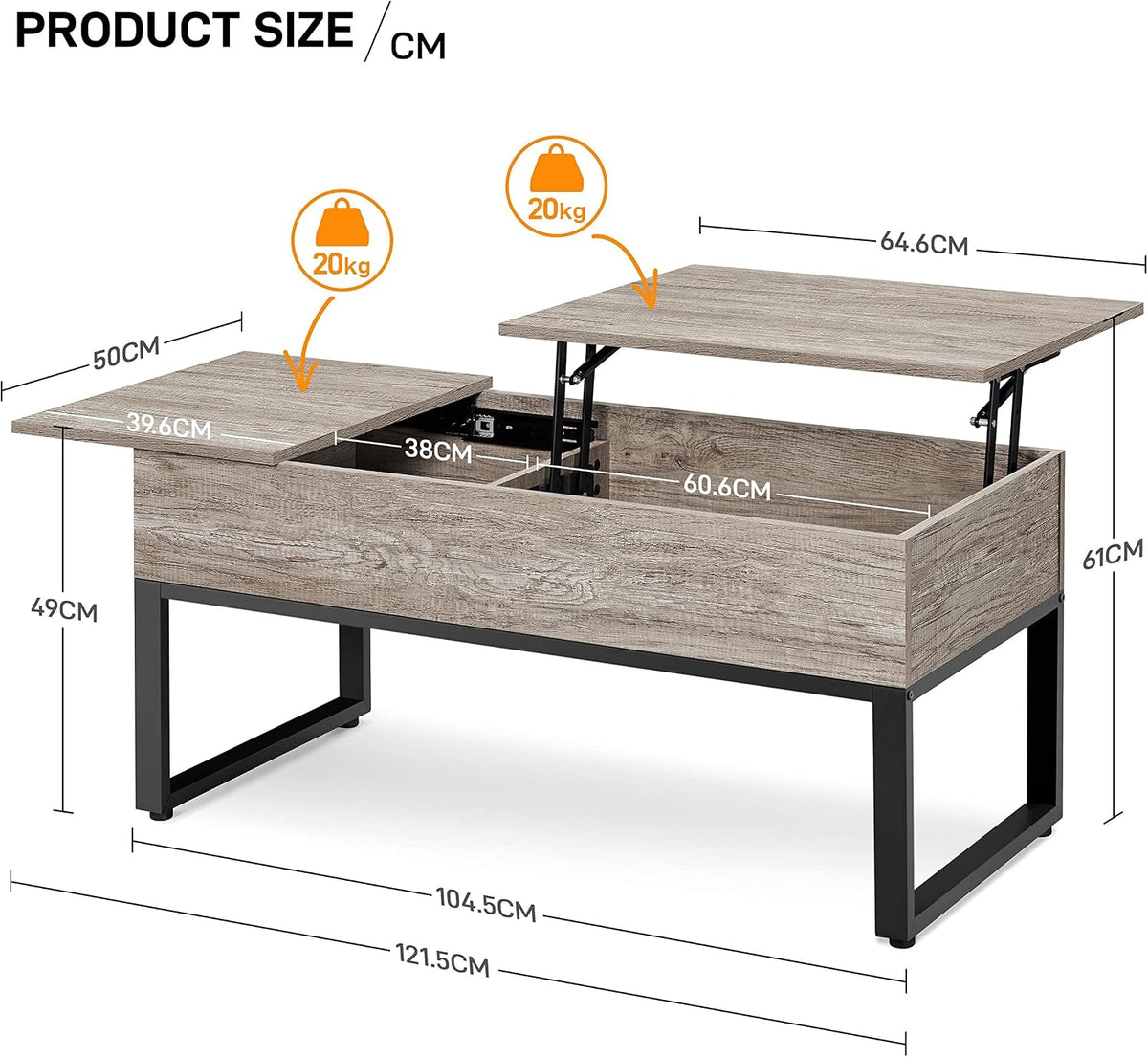 Yaheetech Couchtisch mit hochklappbarer Platte und verstecktem Stauraum – 105 x 50 x 61 cm – Grau