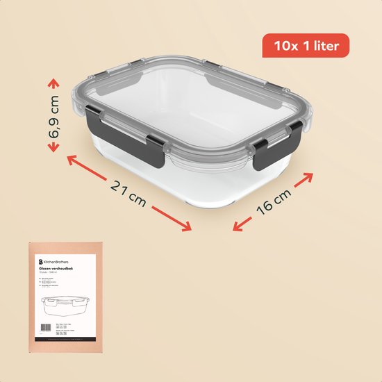 KitchenBrothers Mahlzeit Vorbereitung Tabletts - Glas Frische Tabletts - luftdicht - BPA und PFAS frei - 1L - Glas - 10 Stück