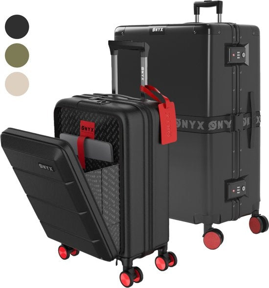 ONYX® - 2-teiliges Kofferset - Handgepäck mit Fronttasche und Check-in-Koffer - 35L/100 L - TSA-Schloss - Leichtgewicht-Trolley - Aluminiumverschluss - Schwarz