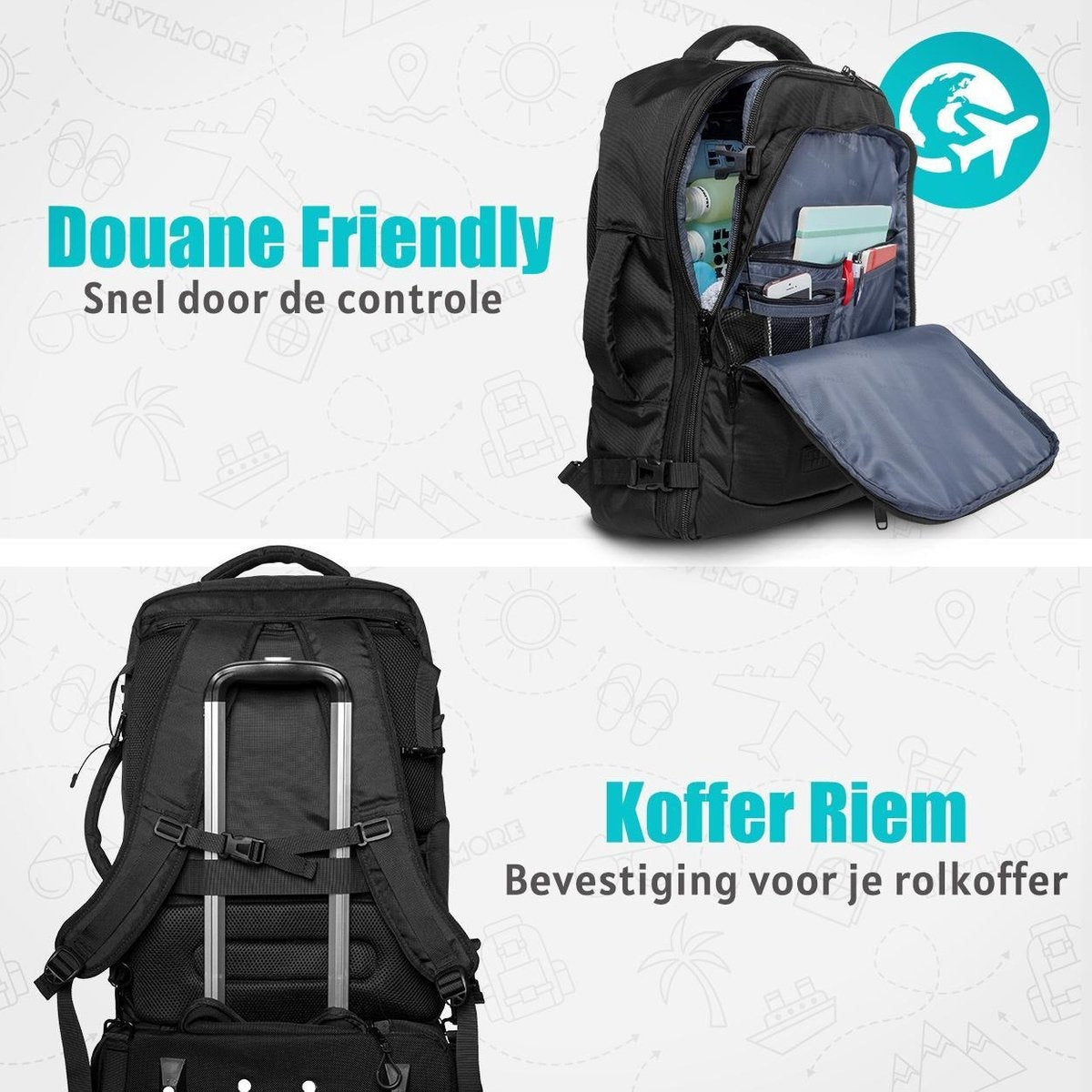 TRVLMORE Reisetasche - 40L - Rucksack - Handgepäck Wochenendtasche - Rucksack - Spritzwassergeschützt Schwarz