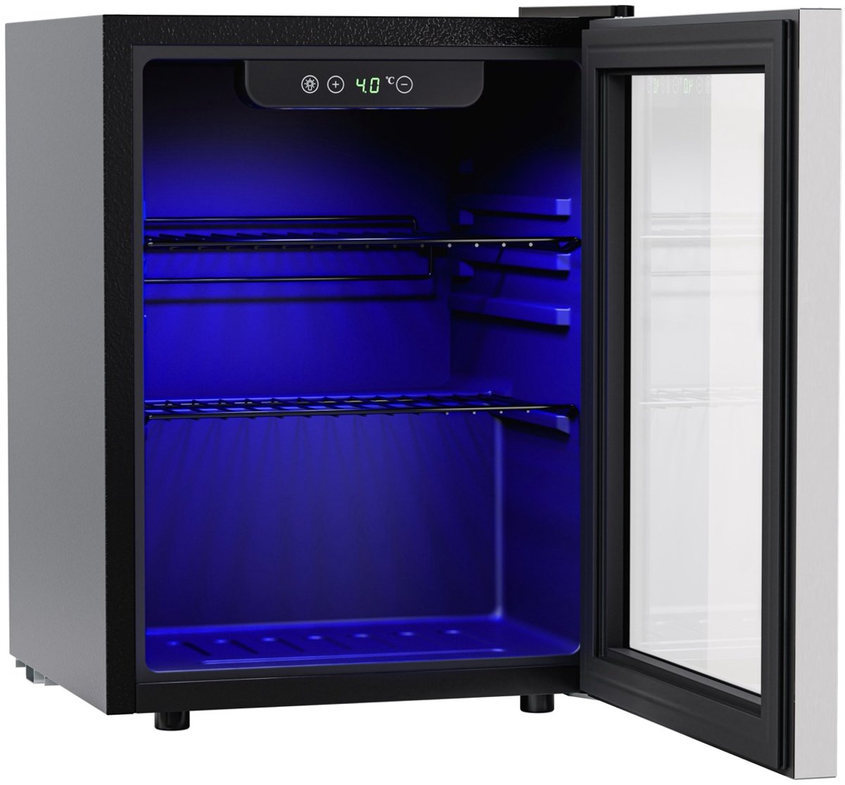 KitchenBrothers Getränkekühlschrank 48 l – Minikühlschrank mit Glastür – Minibar – Platz für 68 Dosen – Schwarz