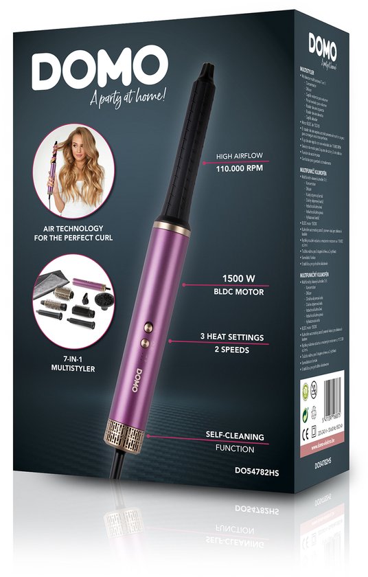 DOMO DO54782HS 7-in-1-Airstyler – Föhnbürste – Multistyler – Lockenbürste – Glättbürste – Föhn mit 7 Aufsätzen – Lila/Gold