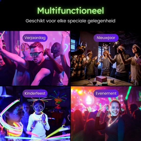 Partizzle 300 Stück Glow in the Dark Sticks - Extra Thick - Incl. Glowsticks Connectors - Breaking Sticks - Neon Karneval Party Artikel - Geburtstag Neujahr Party Dekorationen - 7 Farben