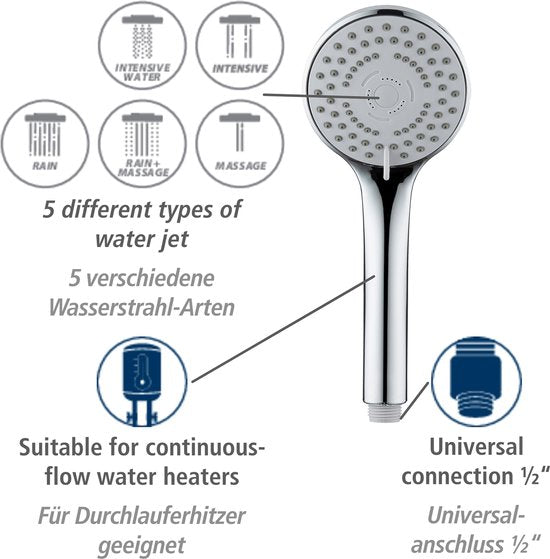 WENKO Handbrause-Set Basic 9,5 cm – 5 Strahlarten – Chrom – Duschkopf mit Schlauch