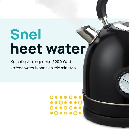 MOA Wasserkocher Retro - 2200 Watt - 1,8 Liter - Edelstahl - BPA-frei - Elektrisch - Schwarz - EK3TB