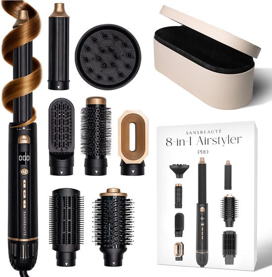Sansbeauté® 8-in-1-Lockenbürste - Mit Diffusor und Aufbewahrungsbox - Multistyler - Fönbürste für kurzes Haar - Haarstyler - Haartrockner - Wärmebürste - Stylingbürste - Drehkabel