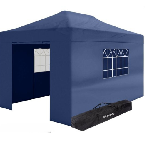 LifeGoods Partyzelt - Pavillon - 3x4,5 m - mit Seitenwänden - leicht aufbaubar - faltbar - wasserdicht - Tragetasche mit Rädern - dunkelblau