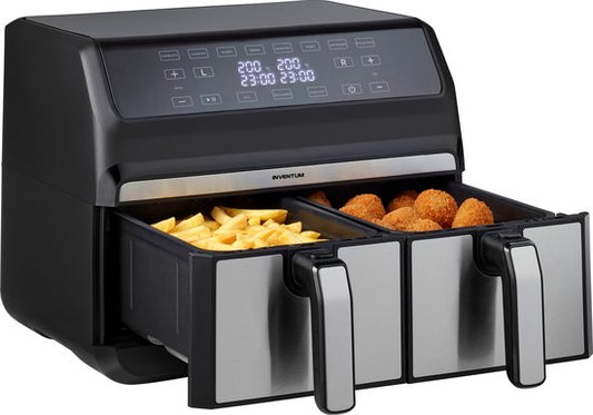 Inventum GF800HLD - Doppel-Luftfritteuse - Heißluftfritteuse - 2 x 4 Liter - 8 Programme - Duale Kochfunktion - 80 bis 200 Grad - PFAS frei - 1700 Watt - Schwarz/RVS