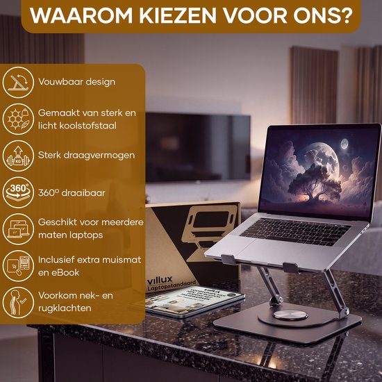 Villux Laptop-Ständer, ergonomisch – Verstellbarer Laptop-Ständer – Laptop-Halterung – Laptop-Ständer – Laptop-Erhöhung – Zusammenklappbarer Laptop-Ständer – Inklusive E-Book – Inklusive Mauspad