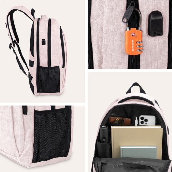 TRVLMORE Rucksack - 28L - 15.6 Zoll - Laptop-Rucksack mit USB - Anti-Diebstahl - Männer und Frauen - Tasche Pink
