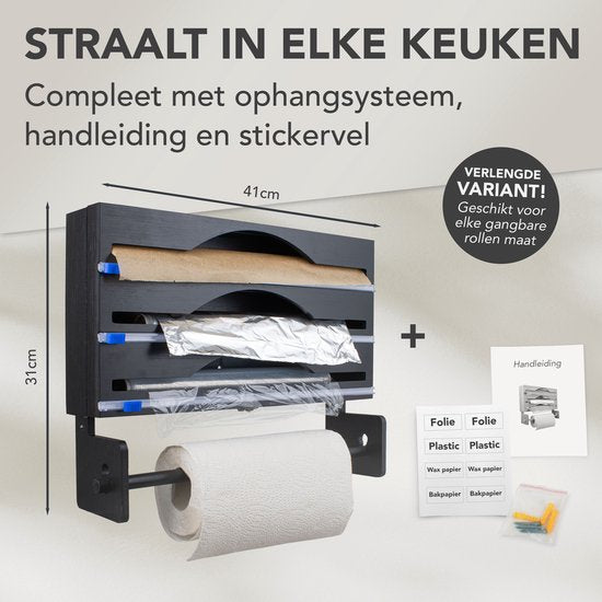Nimma Rollenhalter - Küchenrollenhalter und Folienhalter in 1 - Inkl. Aufhängesystem und Folienschneider - Geeignet für 3 Folienrollen - Bambus - Schwarz