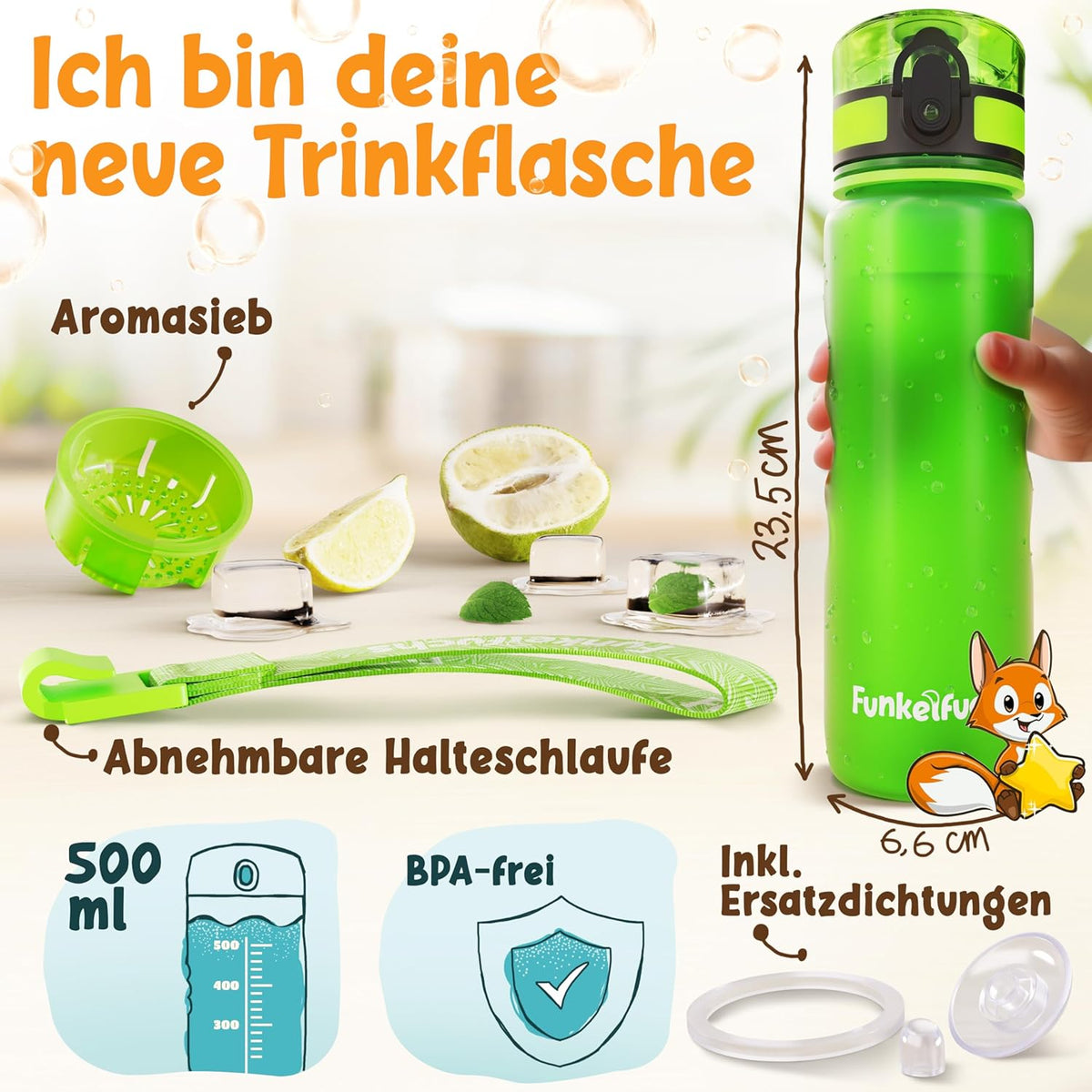 Funkelfuchs® - Trinkflasche für Kinder - 500ml, grün - mit Kohlensäure - 100% auslaufsicher - Wasserflasche spülmaschinenfest - für Kindergarten, Schule, Sport