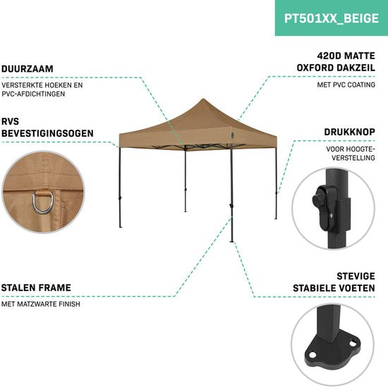 VONROC Partyzelt - 3x3 m - Premium easy-up Partyzelt - Modulares Design - Faltbar - Wasserdicht - Stahlrahmen - 50+ UV Schutz - Inklusive Aufbewahrungstasche - Beige
