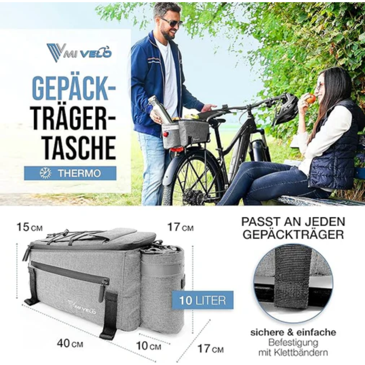 MIVELO Packtasche - Für Gepäckträger - Kühltasche - Isoliert - Wasserdicht - 10L - Grau