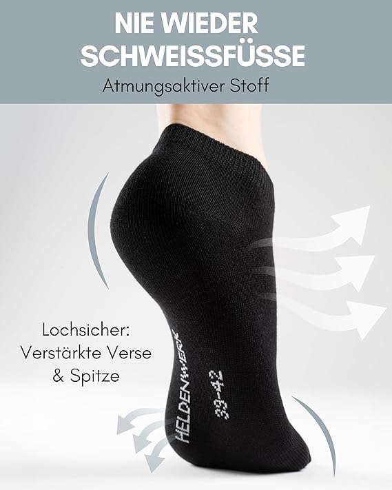 HELDENWERK Sneaker Socken - Trainersocken für Damen & Herren - Atmungsaktive Baumwolle & Anti-Reibung - Unisex Sportsocken - 10 Paar Schwarz - Größe 39-42