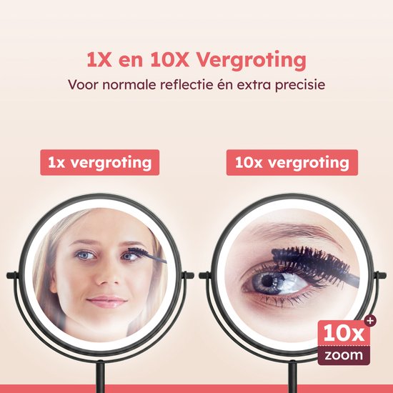 Fraay® XXL Make-up-Spiegel mit LED-Beleuchtung – 10-fache Vergrößerung – Vergrößerungsspiegel mit Licht – Wiederaufladbar – Rasierspiegel – Badezimmerspiegel – Schwarz