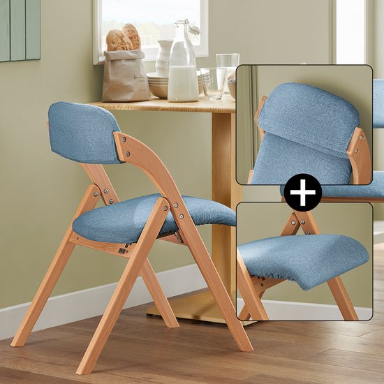 SoBuy Holz-Klappstuhl mit gepolstertem Sitzkissen, Bürostuhl, Esszimmerstuhl, Natur/Blau, 47,5x77x59 cm, FST92-BL - für Esszimmer, Balkon oder Büro