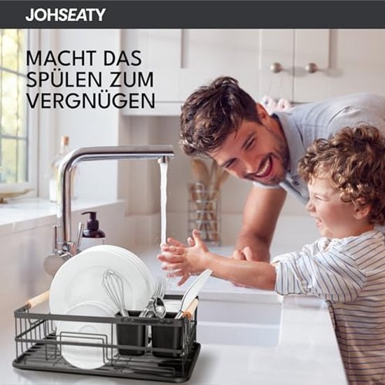 JOHSEATY Geschirrständer mit Holzgriff - 42 x 32 cm, rostfrei mit Besteckhalter, Geschirrständer, Geschirrständer, Küchengeschirrständer, Geschirrständer