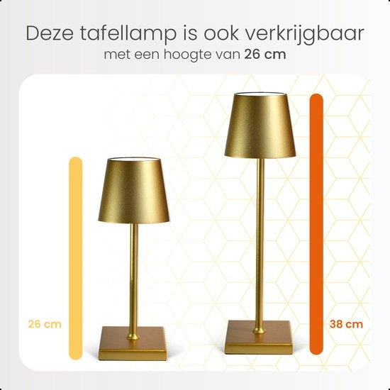 Goliving Tischlampe Wiederaufladbar - Kabellos und dimmbar - Moderne Touch-Lampe - Nachtlampe für das Schlafzimmer - 38 cm - Gold