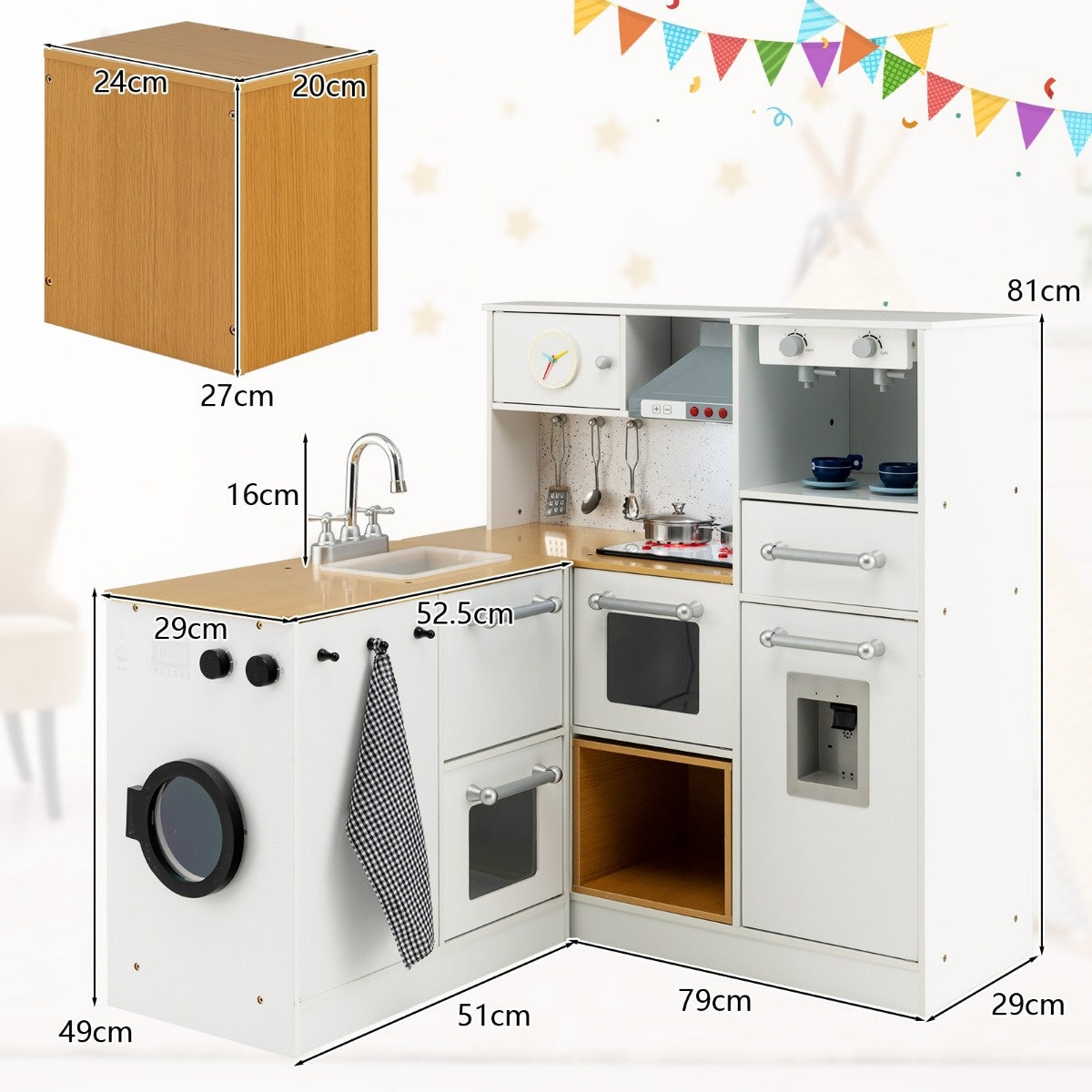Coast Spielküche - Mit Licht und Sound - 79x29x81 cm - Natur MDF - Inklusive Hocker und Zubehör - Für Kinder ab 3 Jahren - Weiß