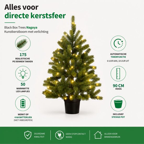 Black Box Trees Nagoya Kunstweihnachtsbaum mit Beleuchtung – Kunstbaum H 90 x T 42 cm – Kunstweihnachtsbaum im Kunststofftopf – Weihnachtsdekoration für den Innenbereich – mit Batterie und Timer – 175 Zweige – Grün