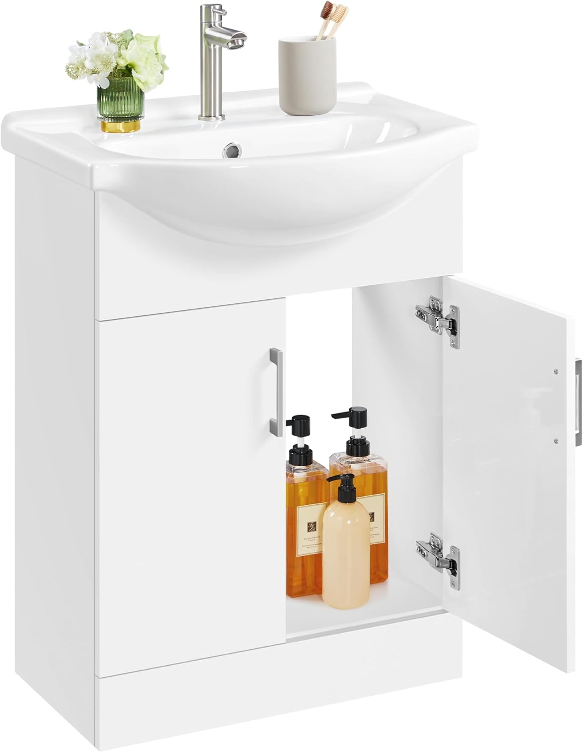 Yaheetech Badezimmerschrank mit Waschbecken – Weiß Hochglanz – 61 x 43,5 x 84 cm – Freistehend, Keramik-Waschbecken