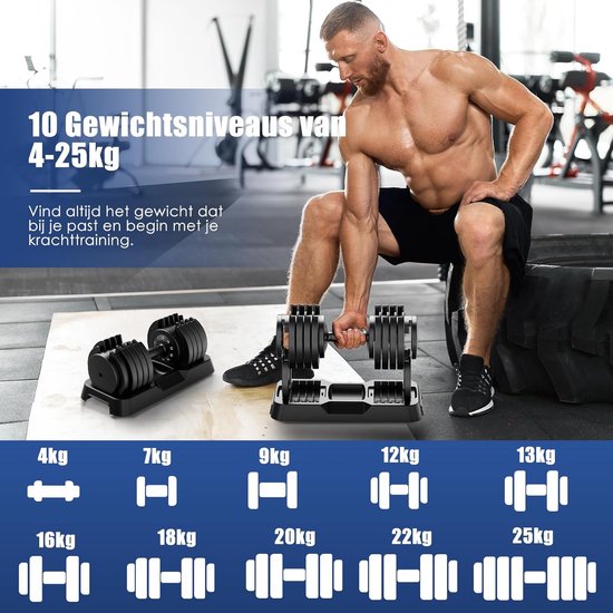 DH FitLife Verstellbares Hantelset 25 kg | 2 Stück | 10-in-1-Variable Gewichte | Verstellbare Hanteln von 4 bis 25 kg | Krafttraining, Kurzhantelset mit platzsparenden Hantelscheiben für das Training zu Hause, Kurze verstellbare Hanteln