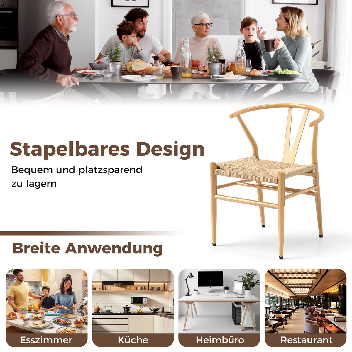 Coast Esszimmerstühle, 2er-Set – Y-förmige Rückenlehne – Sitzfläche aus geflochtenem Rattan – Naturfarben