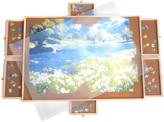 FlinQ Puzzlebrett mit Aufbewahrungssystem - Puzzlebrett mit Schutz - 6 Schubladen und Sortierfächer für 1500 Teile - Holzpuzzlematte - Puzzletisch - Porta-puzzle - 89x68.7x4 cm