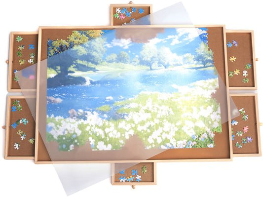 FlinQ Puzzlebrett mit Aufbewahrungssystem - Puzzlebrett mit Schutz - 6 Schubladen und Sortierfächer für 1500 Teile - Holzpuzzlematte - Puzzletisch - Porta-puzzle - 89x68.7x4 cm